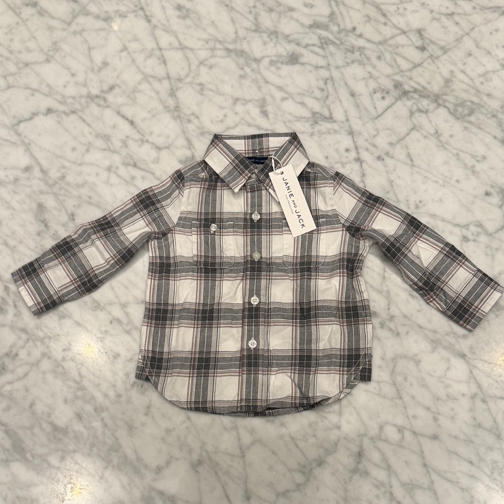 Janie and Jack Gray and White Plaid Button-Down Shirt